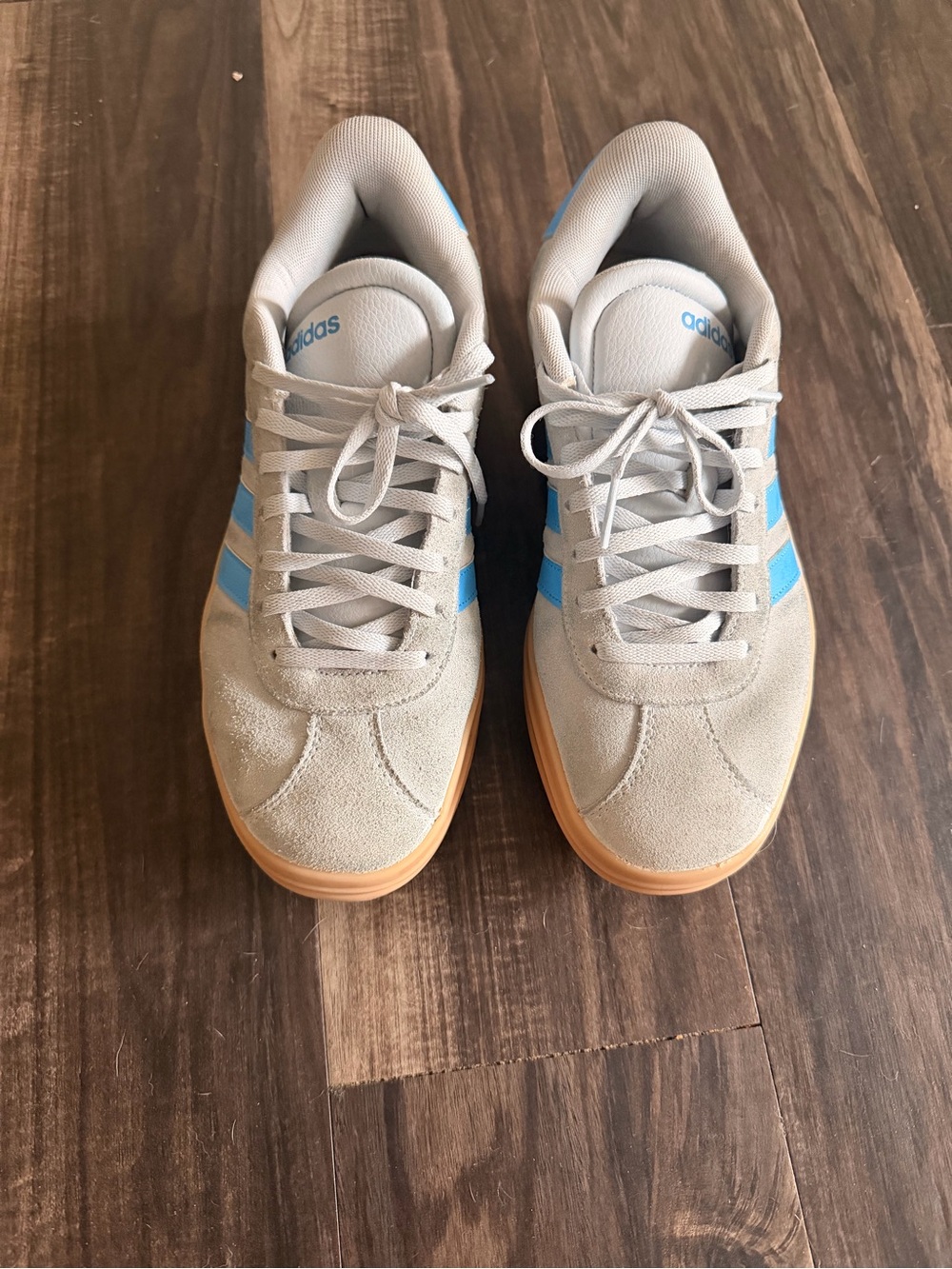 adidas Men's Light Gray Suede Sneakers with Blue Stripes and Gum Sole